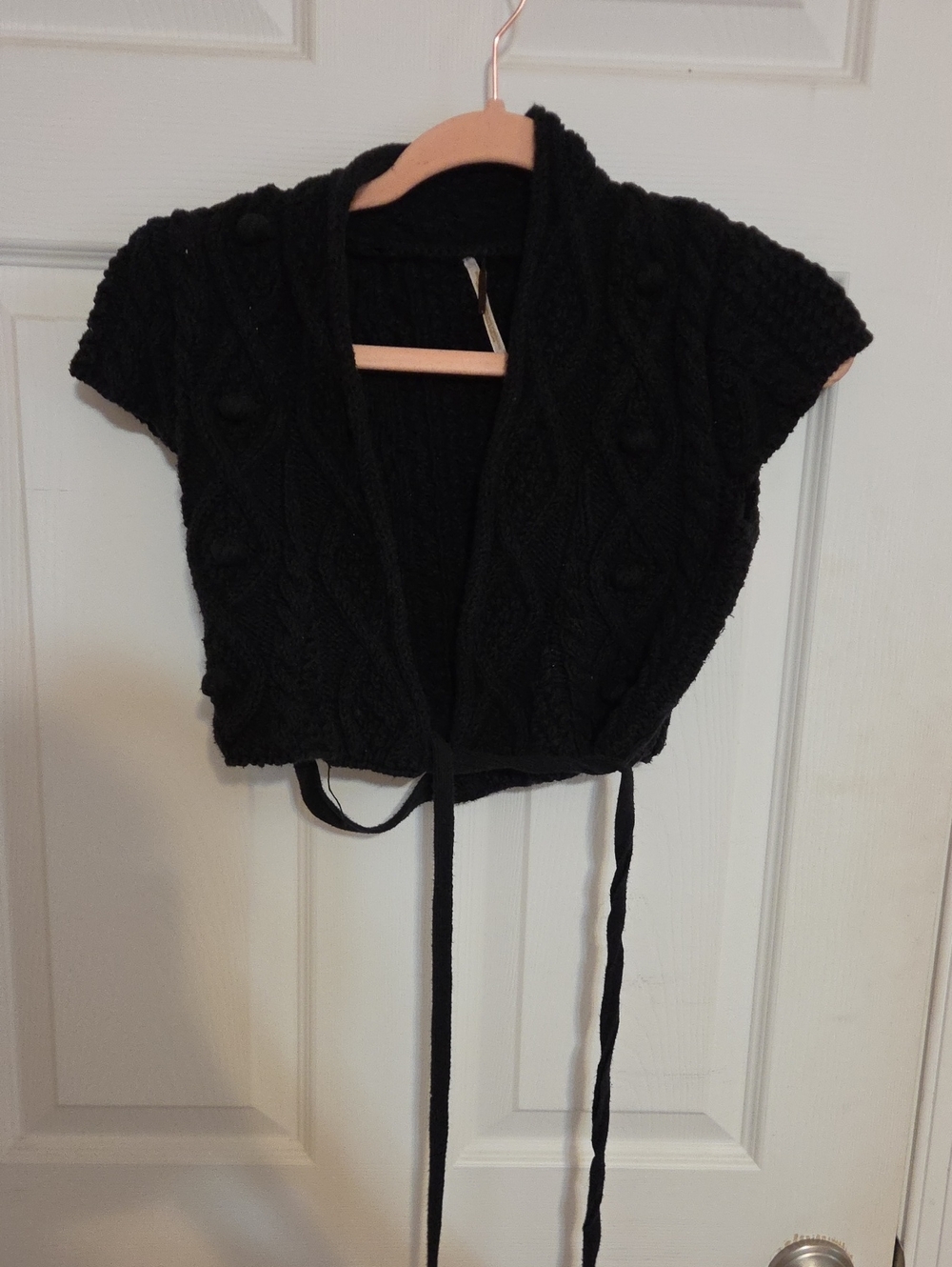 Vintage Free People Black Cable Knit Short-Sleeve Wrap Ballerina Shrug S